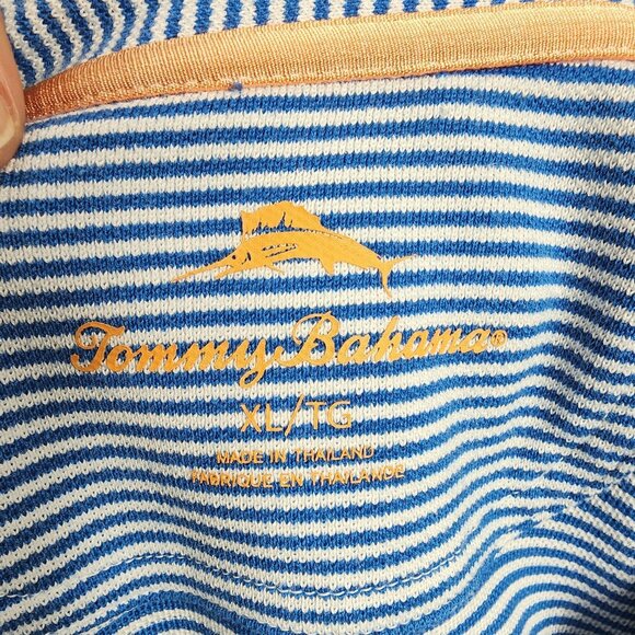 Tommy Bahama XL Blue White Striped Polo Shirt Marlin Logo Short Sleeve Casual - Picture 4 of 7